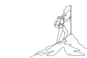 Continuous one line drawing climber in uniform with flag on snowed mounts peak. Happy man climber reached mounts summit enjoying picturesque view. Single line draw design vector graphic illustration