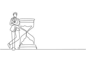 Single continuous line drawing businessman lean on huge giant hourglass for time is money financial investment concept. Time management conceptual metaphor. One line draw design vector illustration