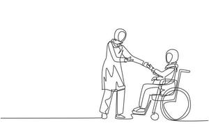 Continuous one line drawing disability employment, work for disabled people. Disable Arabian woman sit in wheelchair shaking hand with colleague in office. Single line draw design vector illustration