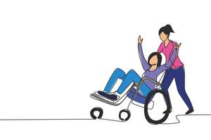 Continuous one line drawing young female volunteer helps disabled old woman, riding on wheelchair in park. Family care, volunteerism, disability care concept. Single line draw design vector graphic