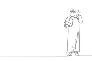 Continuous one line drawing Arabian businessman wearing traditional clothes holding clipboard and pointing index finger up. Person keeping file pad in hand. Single line draw design vector illustration
