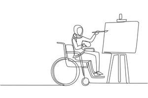 Single one line drawing disabled Arabian woman in wheelchair painting landscape on canvas. Rehabilitation physiotherapy concept. Physical disability. Continuous line draw design vector illustration