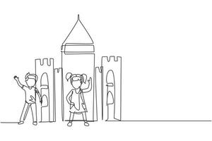 Single one line drawing kids with cardboard castle for school play. Cheerful children playing in castle made of cardboard boxes. Creative kid playing castle. Continuous line draw design graphic vector