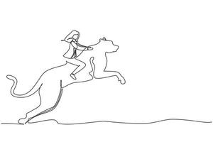 Single continuous line drawing businesswoman riding cheetah symbol of success. Business metaphor concept, looking at the goal, achievement, leadership. One line draw graphic design vector illustration