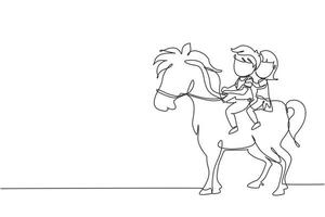 Single continuous line drawing happy cute boy and girl riding horse together. Children sitting on back horse with saddle in ranch park. Kids learning to ride horse. One line draw graphic design vector