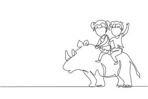 Single one line drawing happy boy and girl riding rhino rhinoceros together. Children sitting on back rhinoceros in zoo. Kids learning to ride rhinoceros. Continuous line draw design graphic vector