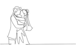 Continuous one line drawing woman and man stand in love and kiss each other in wedding celebration. Young married couple lovers kissing with wedding dress. Single line draw design vector graphic