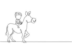 dibujo continuo de una línea feliz lindo niño montando lindo burro. niño sentado en burro trasero con silla de montar en el parque del rancho. niños aprendiendo a montar en burro. ilustración gráfica de vector de diseño de dibujo de una sola línea