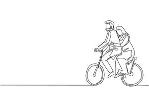 Single continuous line drawing romantic Arab couple having fun on date riding bicycle. Back view of romantic teenage couple ride bike. Young man and woman in love. One line draw graphic design vector