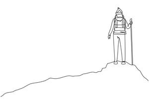 Single continuous line drawing woman with backpack standing on top of the mountain. Young smiling mountaineer climbing on rock. Highest point. Dynamic one line draw graphic design vector illustration