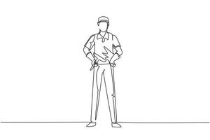 Single one line drawing cleaning service with cool pose. Cleaning worker posing and enjoying working. Smiling male cleaning company staff member. Continuous line draw design vector illustration