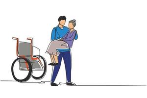 un solo dibujo de línea continua hijo amoroso tomó a su anciana madre discapacitada de la silla de ruedas llevándola en sus brazos. feliz anciana en abrazos de su hijo fuerte. ilustración de vector de diseño de dibujo de una línea
