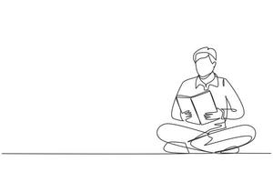 dibujo continuo de una línea el hombre está sentado en el suelo leyendo un libro. el estudiante conceptual se está preparando para el examen, el solicitante se está preparando para la admisión, el amante de los libros está leyendo. vector de diseño de dibujo de una sola línea