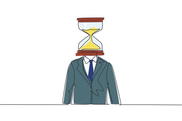 Continuous one line drawing businessman with hourglass instead of head, symbolizing pressure, deadline, schedule, time management. Sandglass clock. Single line draw design vector graphic illustration