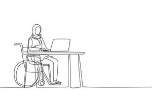 Continuous one line drawing young Arabian woman uses wheelchair, working with computer in office. Online job and startup. Physical disability and society. Single line draw design vector illustration