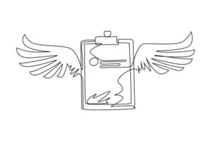 Continuous one line drawing clipboard with wings icon. Task done. Signed approved document icon. Project completed. Check Mark sign. Worksheet sign. Single line draw design vector graphic illustration