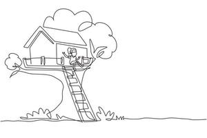 Single continuous line drawing happy child on tree house, little girl playing on children playground, treehouse with wooden ladder, place for kids games on summer. One line draw graphic design vector