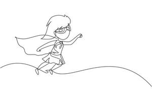 Continuous one line drawing cute super girl. Little girl dressed as super hero flying in traditional heroic pose, stretching up her arm, cape in wind develops. Single line draw design vector graphic