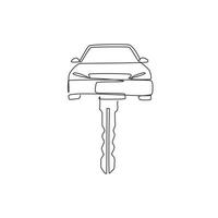 Single one line drawing car shaped car key. Keyring and remote control key in vehicle interior. Electronic car key with little car shape keyring. Modern continuous line draw design graphic vector