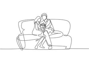 Continuous one line drawing couple at home resting on couch watching movie and eating popcorn. Domestic relax evening. Man and woman on cozy sofa. Single line draw design vector graphic illustration