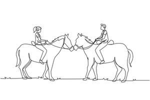 dibujo de una sola línea continua pareja romántica enamorada montando a caballo. el hombre y la mujer jóvenes se encuentran para salir con un caballo de paseo. compromiso y relación amorosa. ilustración de vector de diseño gráfico de dibujo de una línea
