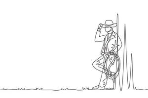 Single one line drawing western relaxing man with cowboy hat and lasso. American cowboy lifestyle at livestock horse in the evening. Modern continuous line draw design graphic vector illustration