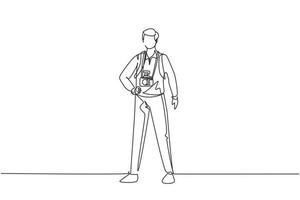 Single one line drawing photographer standing with camera digital photo. Pictures made by employees, photographs by cameraman. Man experts job. Continuous line draw design graphic vector illustration