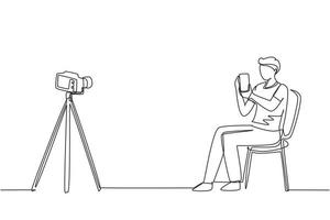 Single one line drawing blogger review and test new smartphone on dslr camera. Live broadcast on channel. Man holding mobile phone for review product. Continuous line draw design vector illustration