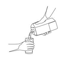 Continuous one line drawing hand holding carton of milk poured into glass. Hand hold milk box and pour milk into glass. Splash of milk drop from carton box. Single line draw design vector illustration