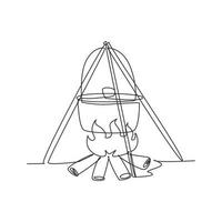 Continuous one line drawing black camping pot over a bonfire. Hot food cooking on campfire, brown cauldron kettle over fire with wood. Delicious fish soup. Single line draw design vector illustration