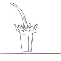 Single continuous line drawing milk pouring into glass creating splashes. Splashing milk in a glass. Milk splash in a glass. Dairy poured into glass. One line draw design graphic vector illustration