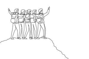Single continuous line drawing friend group of hikers hugging together for successful reaching top of mountain. Success, achievement and goal concept. One line draw graphic design vector illustration