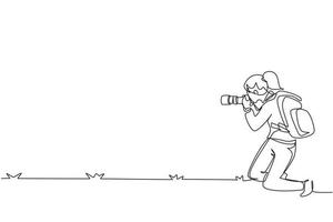 Single continuous line drawing woman photographer with backpack, standing on one knee and holding photo camera. Tourist photographing in authentic situation. One line draw design vector illustration