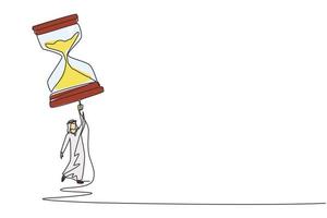 hombre de negocios árabe de dibujo de una sola línea volando con globo de reloj de arena. gestión del tiempo empresarial. éxito, campeón, victoria, reloj de arena. ilustración de vector gráfico de diseño de dibujo de línea continua moderna