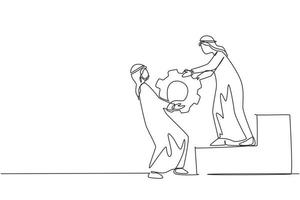 Single continuous line drawing Arab businessmen helping his partner to lifting cog or gear on top of stairs. Teamwork, goal achievement, solution, success, winner concept. One line draw design vector