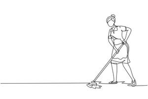 Single continuous line drawing woman mopping floor in uniform. Girl cleaner janitor cleaning office. Cleaning service, hospital disinfection. Cleaning workers. One line draw design vector illustration