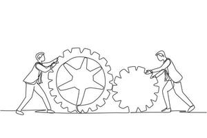 Single continuous line drawing two businessman pushing big cogs together. Teamwork cooperation in gears mechanism. Young men working on push gears, teamwork or leadership. One line draw design vector