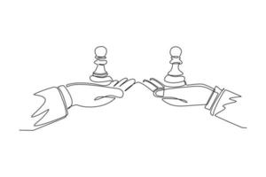 Single one line drawing business concept, of businessman hands, one holding pawn chess piece and the other hand too. Strategy and management. Continuous line draw design graphic vector illustration