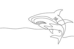 Single one line drawing sharks fish. Shark animals, scary jaws and ocean swimming angry sharks. Marine predator fish or sea sharks creatures character. Continuous line draw design graphic vector