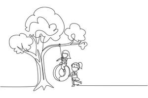 Single one line drawing happy two girls playing tire swing under tree. Cute kids swinging on tire hanging from tree. Children playing in garden. Continuous line draw design graphic vector illustration