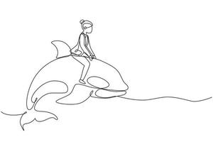 Continuous one line drawing brave businesswoman riding huge dangerous orca. Professional entrepreneur female character. Successful business woman. Single line draw design vector graphic illustration