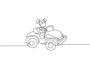 Single continuous line drawing girl driving car, happy cute child. Little girl smiling happy driving toy car. Children's trip in small car. Dynamic one line draw graphic design vector illustration