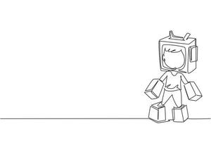 Continuous one line drawing cute boy play cardboard battle robot suit, cosplay male kid entertainment robotic costume. Children creative imagine idea, inventive fantasy. Single line draw design vector