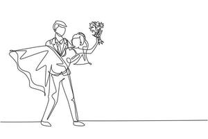 Single continuous line drawing man holding a woman wearing wedding dress with bouquet. Boy in love giving flowers. Happy couple getting ready for wedding party. One line draw graphic design vector