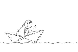 Single continuous line drawing cute smiling little girl sailing on paper boat. Happy smiling kid having fun and playing sailor in imaginary world. One line draw graphic design vector illustration