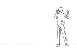 Single one line drawing photographer using professional camera in the studio. Standing and giving count gesturing for taking pictures. Modern continuous line draw design graphic vector illustration