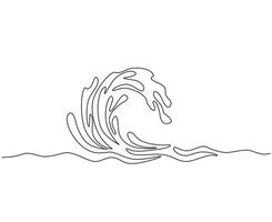 Continuous one line drawing water splashes wave twirl isolated surge blue sparks breaker. Wave curly shapes icon symbol on white background. Single line draw design vector graphic illustration