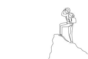 Single one line drawing man with backpack, traveller, explorer standing on top of mountain or cliff, looking on valley. Discovery, exploration, hiking. Continuous line draw design vector illustration