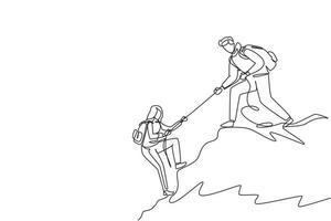 Single one line drawing man woman hikers climbing up mountain and one of them helping to each other with rope, support in dangerous situation to climb. Continuous line draw design vector illustration