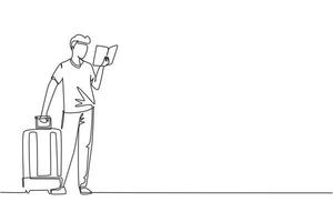 un solo dibujo de una línea hombre leyendo un libro de texto. estudiante masculino de pie con libro abierto en manos y maleta. lector entusiasta para la educación y la afición. ilustración de vector de diseño de dibujo de línea continua